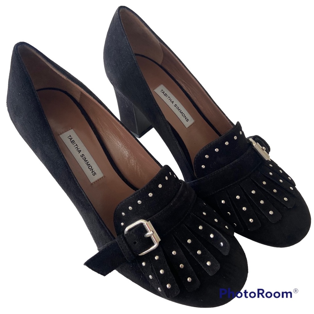 Tabitha Simmons Black Suede Studded Fringe Loafer Pumps Shoes 37